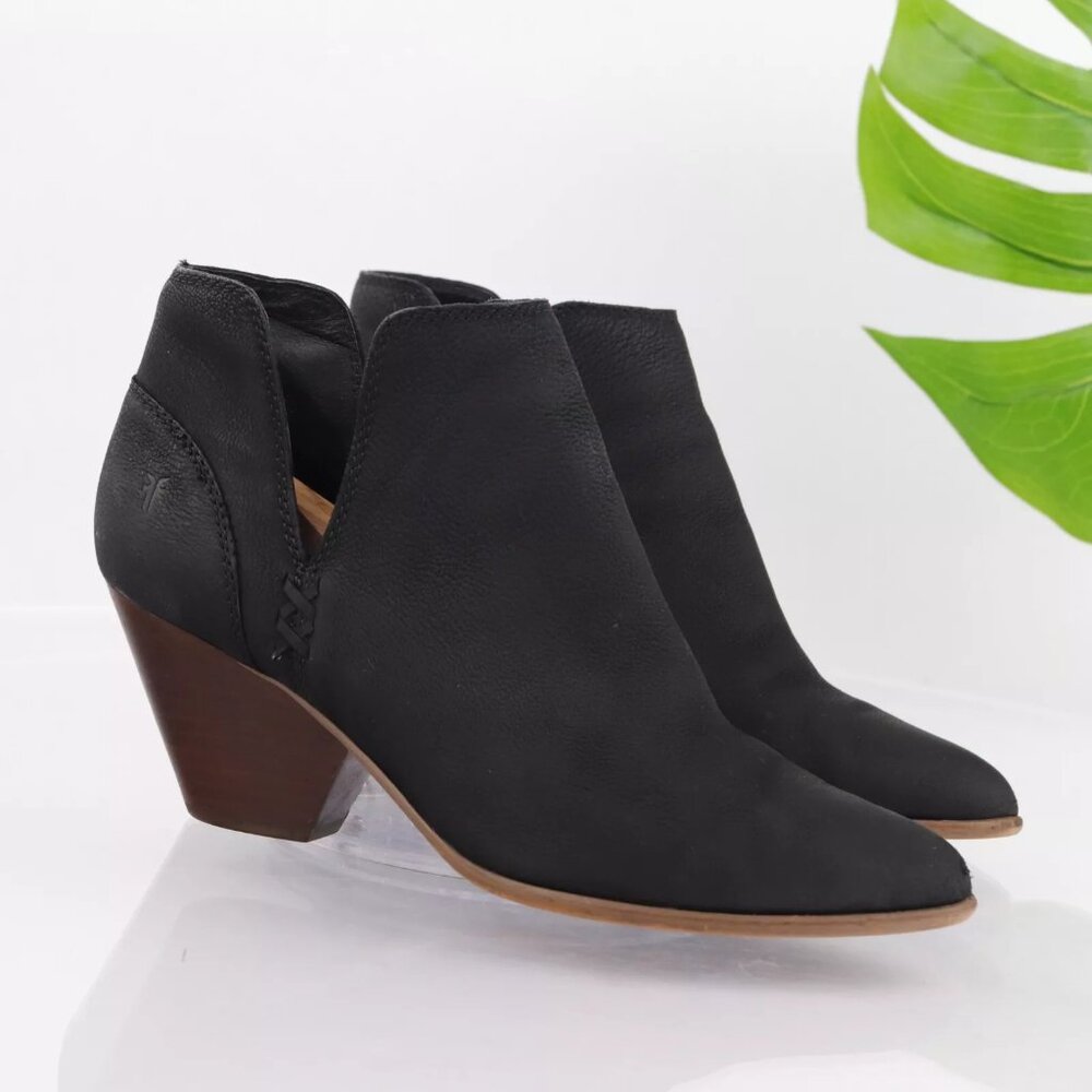 Frye Women's Reina Boot Size 9.5 Block Heel Black Leather Bootie Side Cutouts